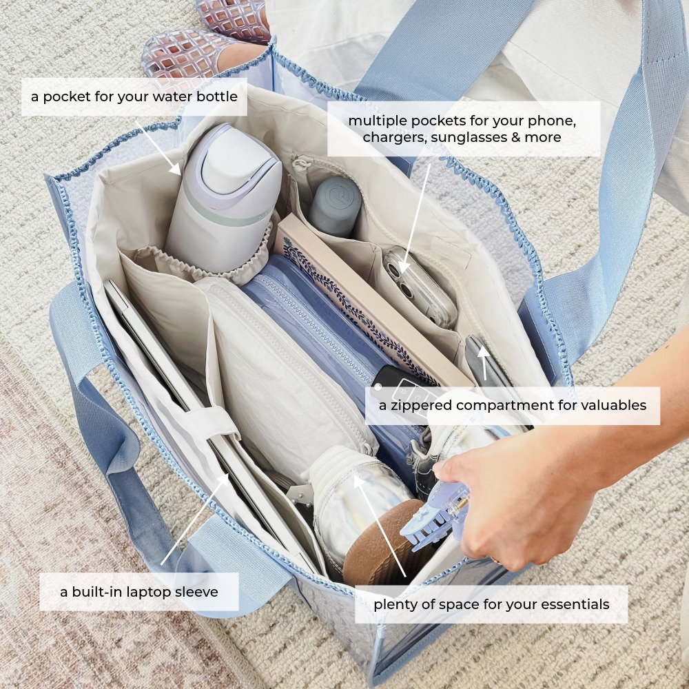 The French Vanilla Tote Organizer inside of the Carolina Blue Crochet Wave Jelly Tote, filled with essentials!