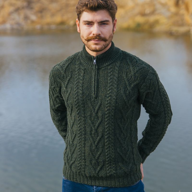 Image of Men's Zip Neck Aran Fisherman Sweater