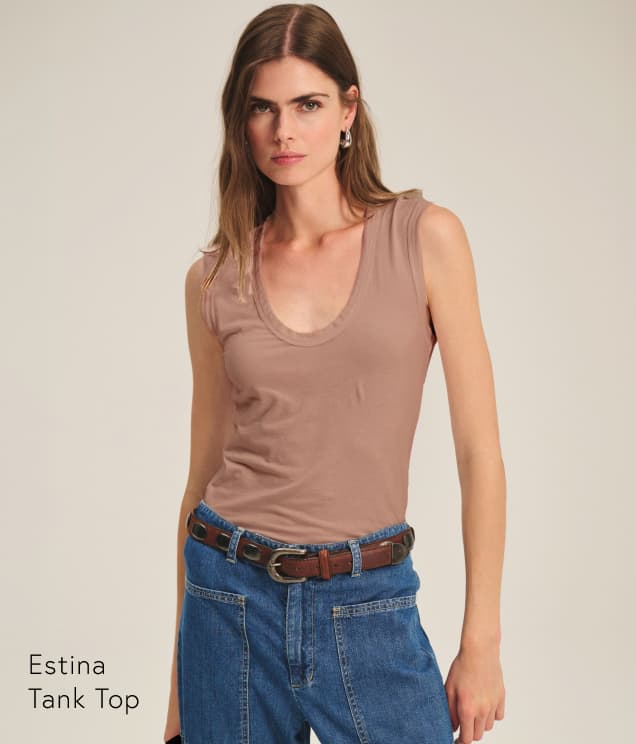 Image shows a model wearing the Estina Skirt in Tree. Text Reads: Estina Tank Top
