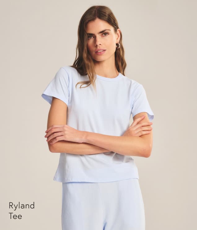 Image shows a model wearing the Ryland Top in Ice. Text Reads: Ryland Tee