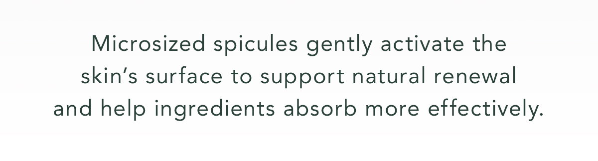 Microsized spicules gently activate the skin’s surface to support natural renewal and help ingredients absorb more effectively.