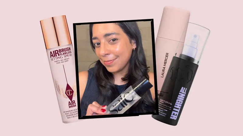 A collage of an Allure editor holding a Saie setting spray alongside other setting spray product silos on a light pink background