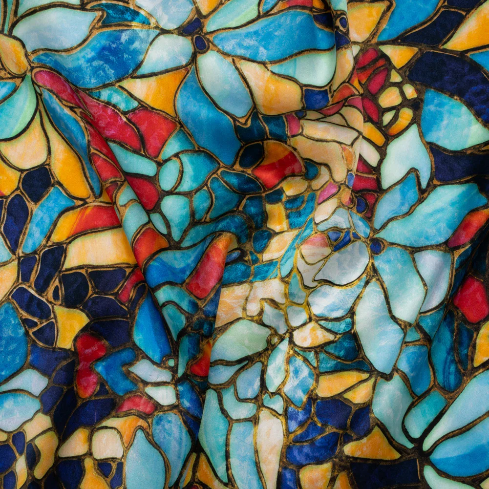Image of Silk Charmeuse Print 16MM, Made in Italy - Sky Blue, Golden Yellow and Red Stained Glass Flower Mosaic