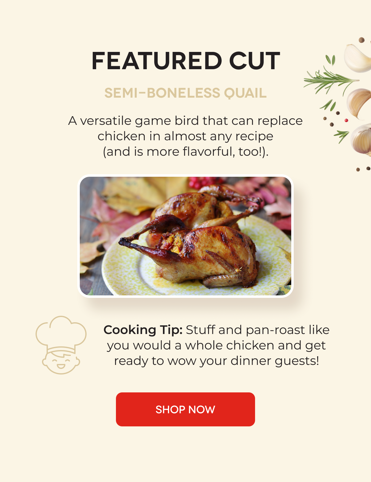 FEATURED CUT Semi-Boneless Quail A versatile game bird that can replace chicken in almost any recipe (and is more flavorful, too!). Cooking Tip: Stuff and pan-roast like you would a whole chicken and get ready to wow your dinner guests! SHOP NOW