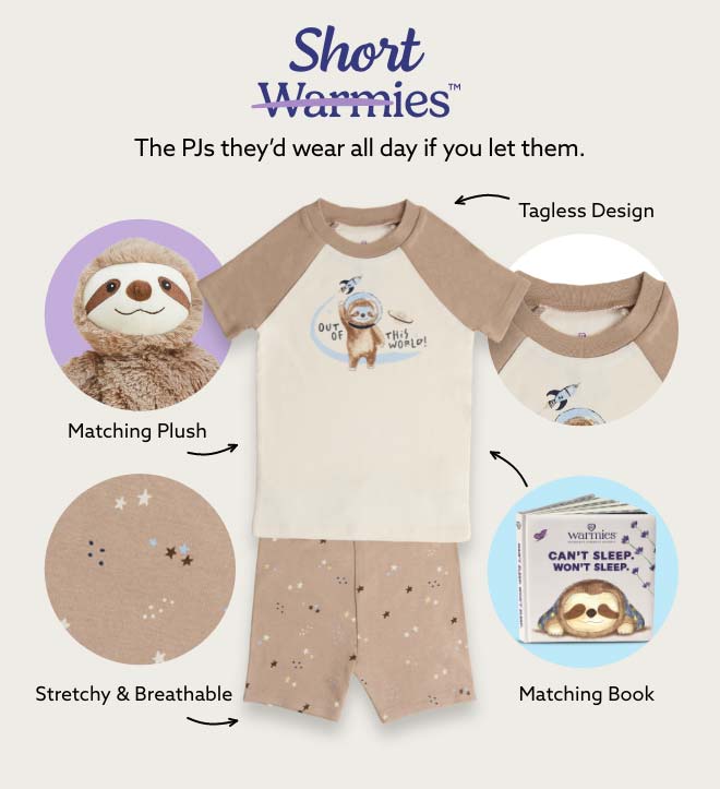 Shorties Warmies PJs on a beige background. Shop now.