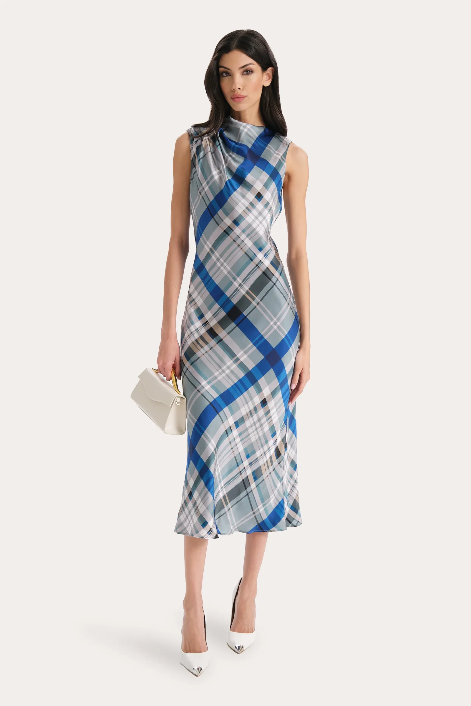 Image of Grace Silk Charmeuse Plaid Draped Midi Dress