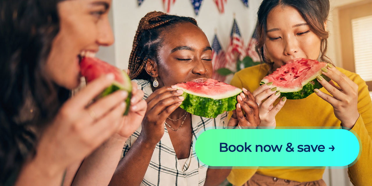 A group of women eating watermelon with a book now and save button in front