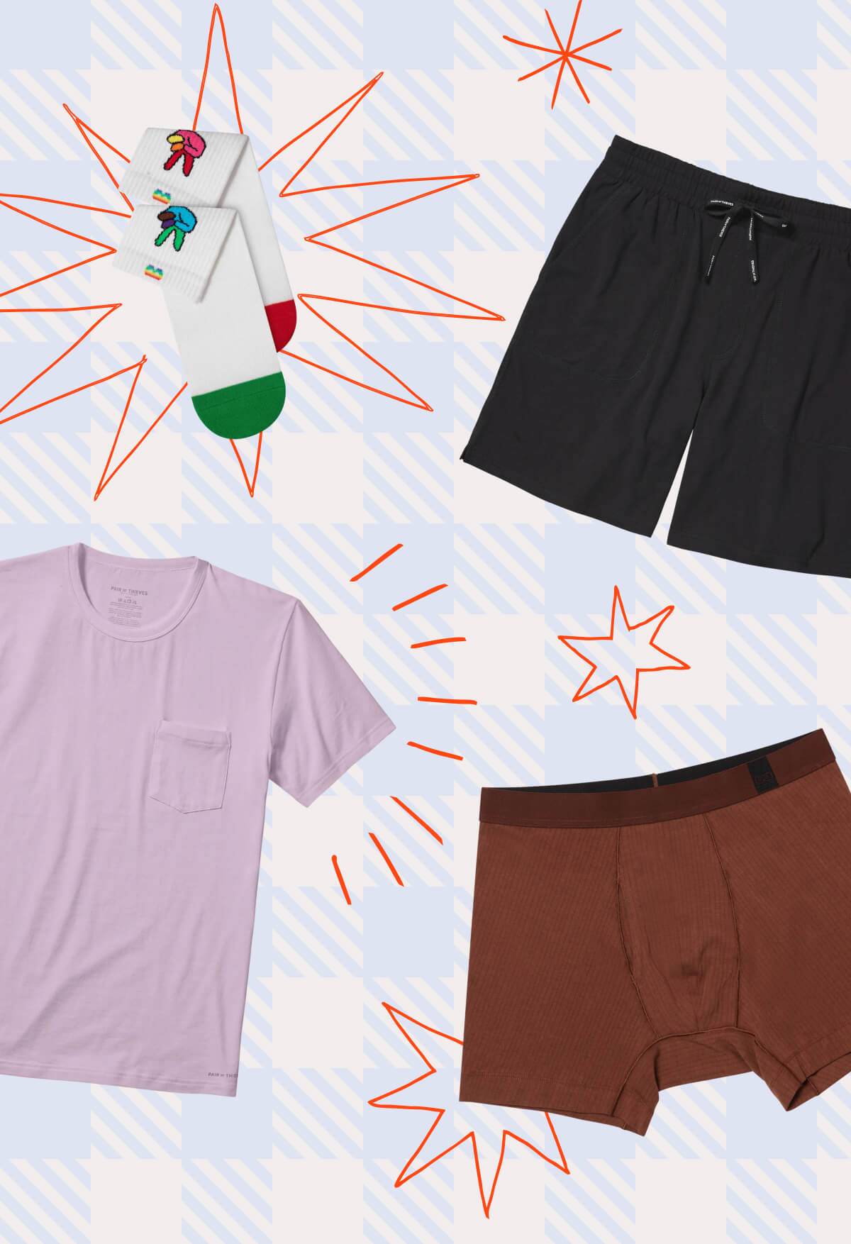 A collage of products including socks, lounge shorts, boxer briefs, and shirts.