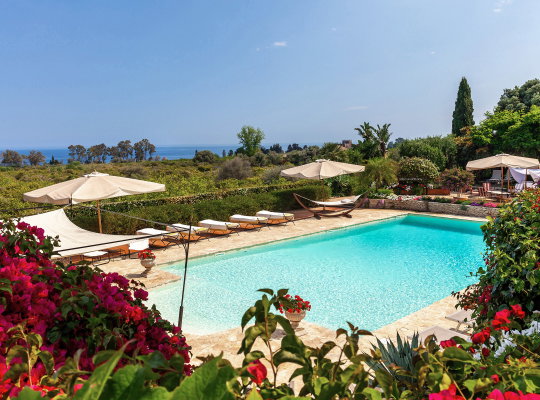 A pool and lounge area surrounded by greenery.