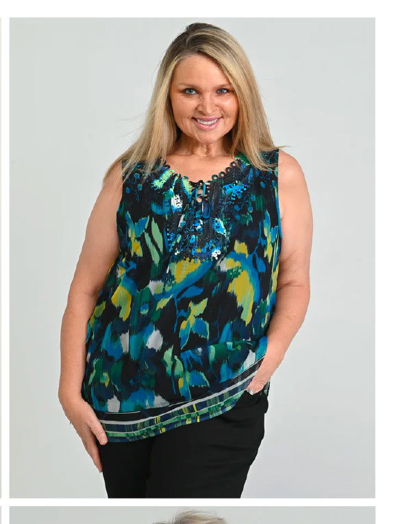 Border Print Crochet Tie Front Sleeveless Top