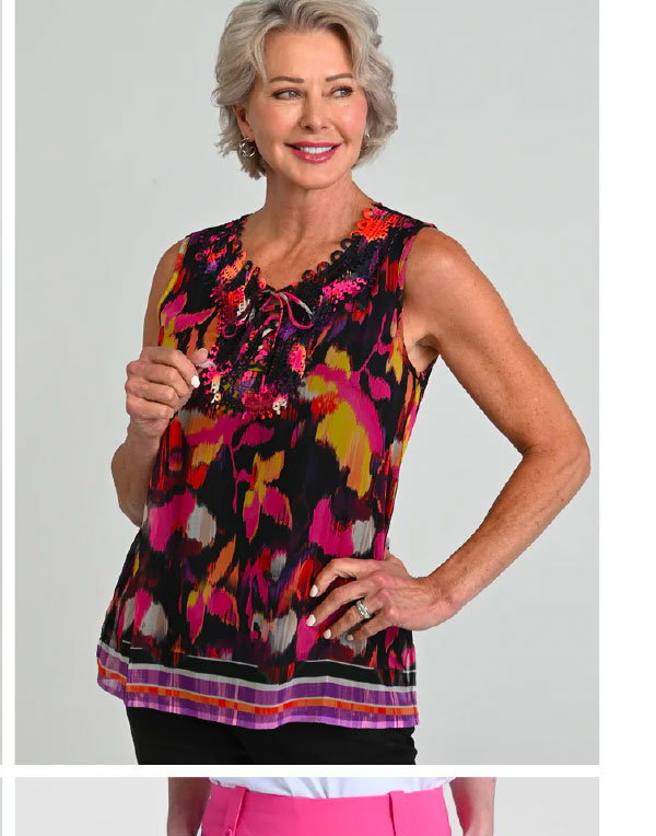 Border Print Crochet Tie Front Sleeveless Top