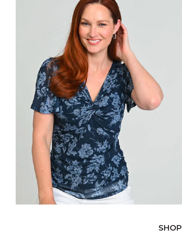 Floral Print Twist Neck Mesh Top