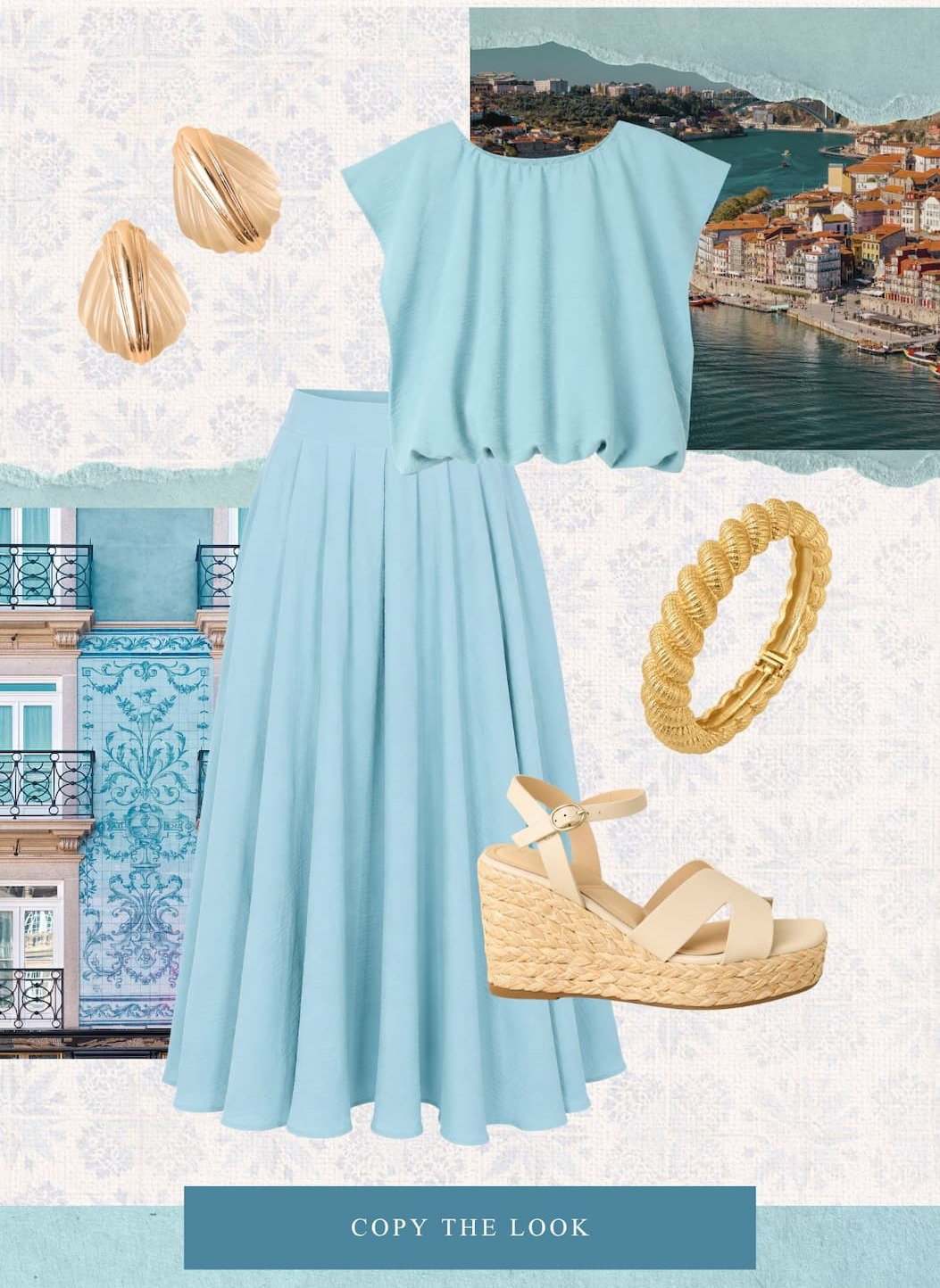 Cutout of a blue top with a matching skirt. Copy the Look.