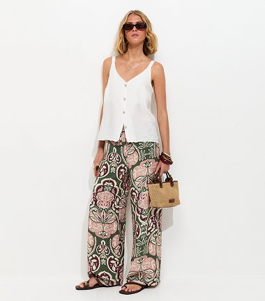 Green Folk Print Wide Leg Trousers