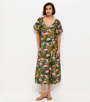 Green Lotus Print Puff Sleeve Midi Dress