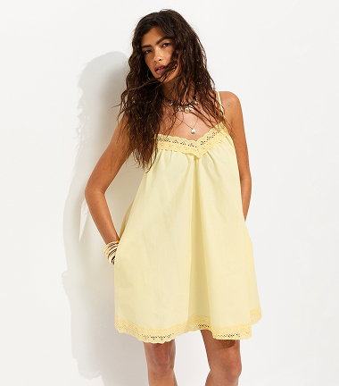 Light Yellow Cotton Rich Lace Trim Strappy Smock Mini Dress