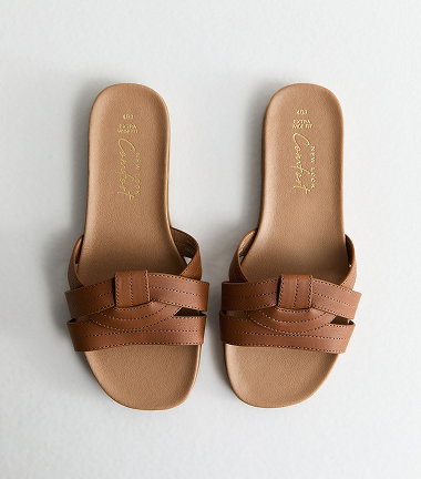 Extra Wide Fit Tan Interwoven Strap Faux Leather Mules