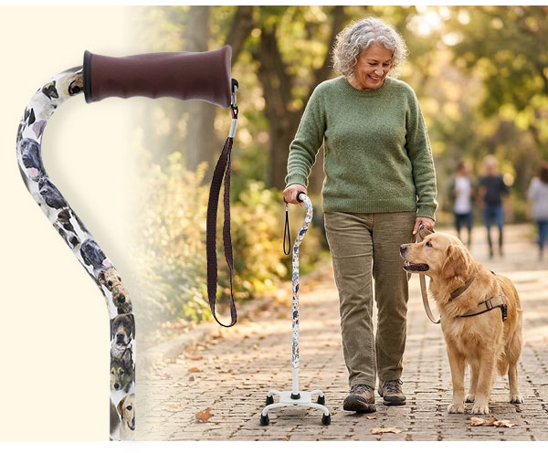woman walking with quad cane