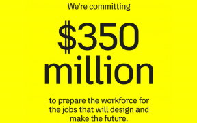 a yellow graphic with $350M pledge featured