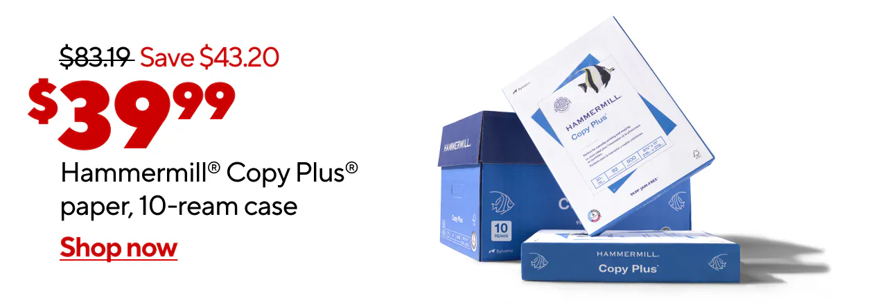 $39.99 for Hammermill Copy Plus Copy Paper 8 1/2 x 11, White, 10-Ream Case.