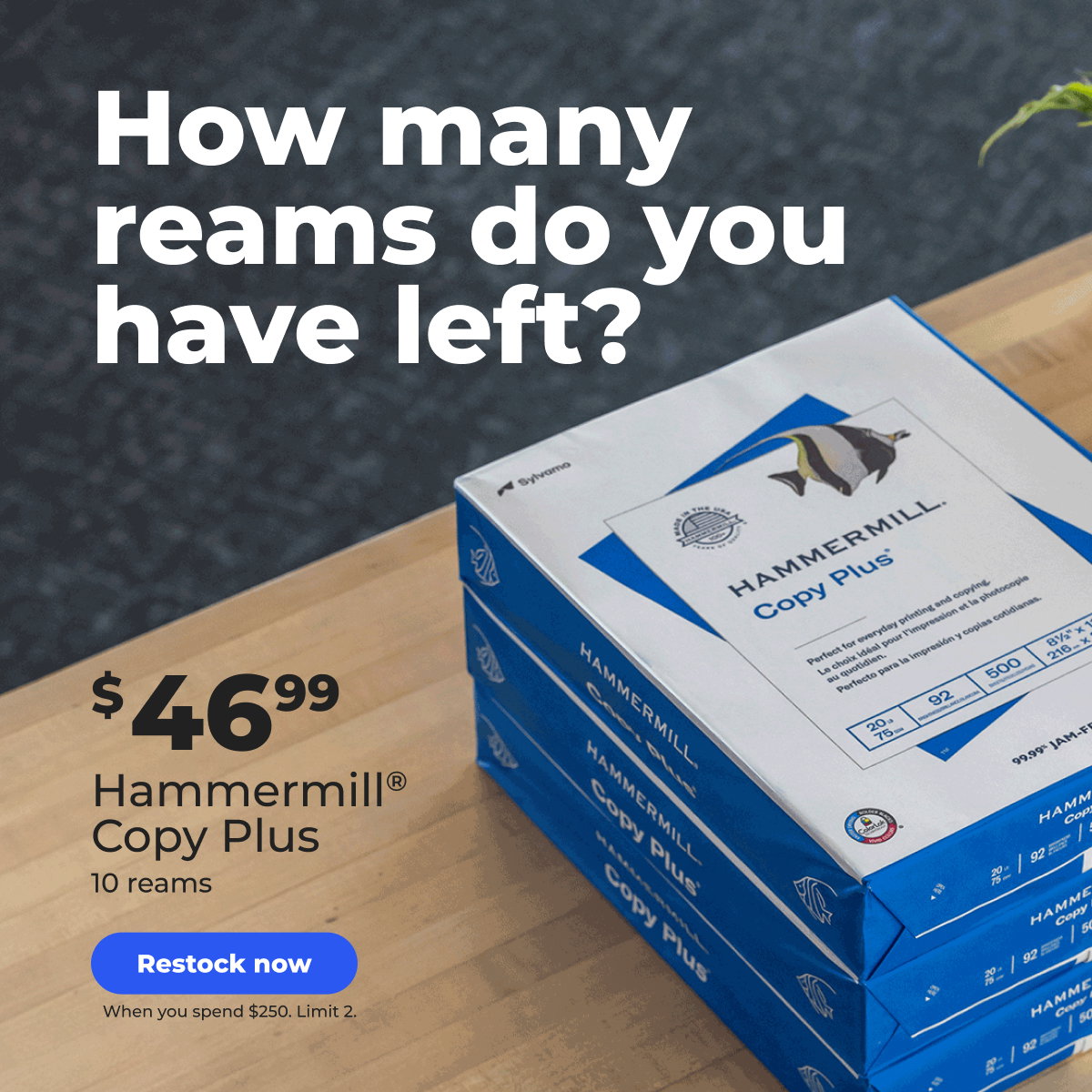 $46.99 Hammermill® Copy Plus (When you spend $250. 10 reams. Limit 2.) - Restock now