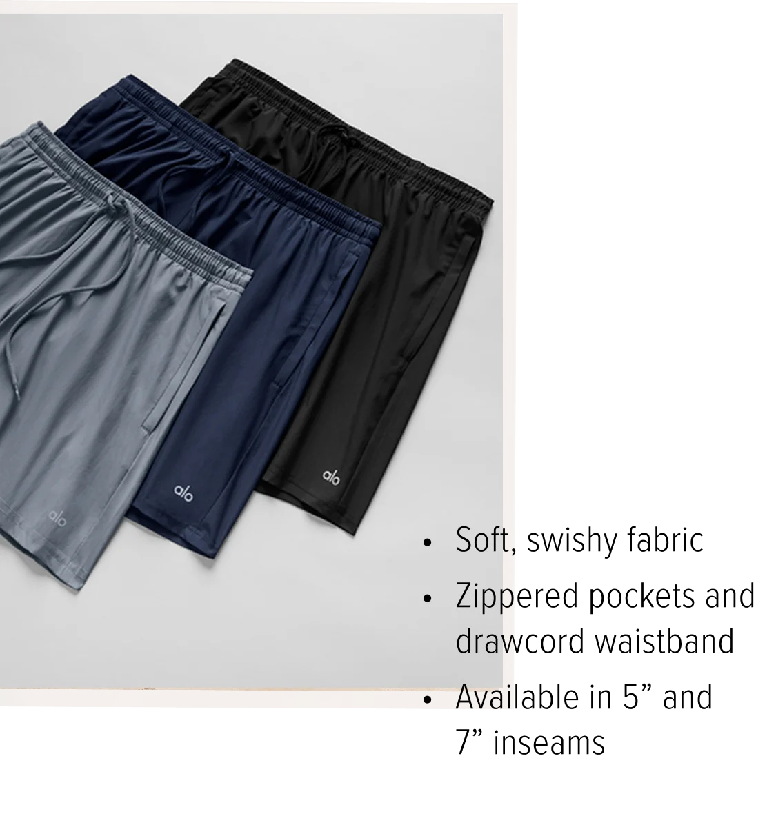 • Soft, swishy fabric • Zippered pockets and drawcord waistband • Available in 5'' and 7'' inseams