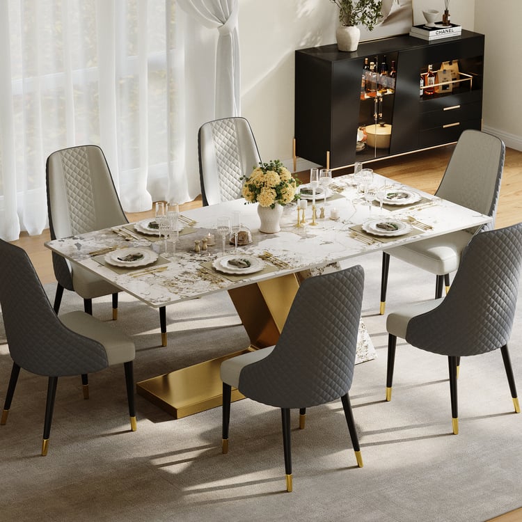 Dining Set 71" Modern Rectangle Sintered Stone Dining Table Gold with 6 Chairs