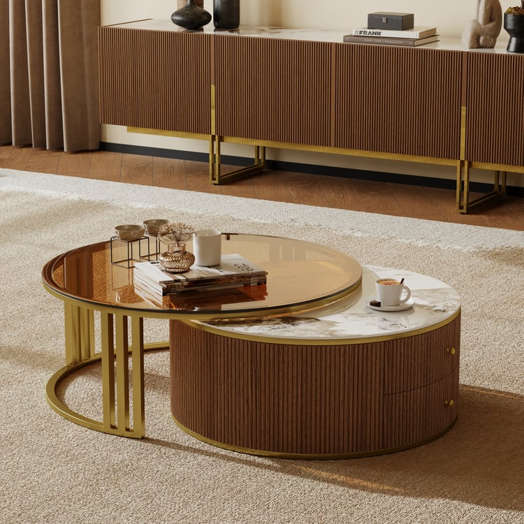 Grovyn 28"-32" Round Nesting Coffee Table Set with Sintered Stone Top