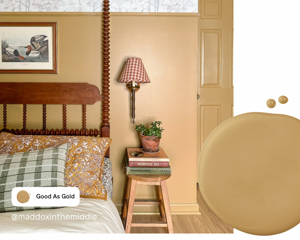 Bedroom featuring gold paint color Good As Gold