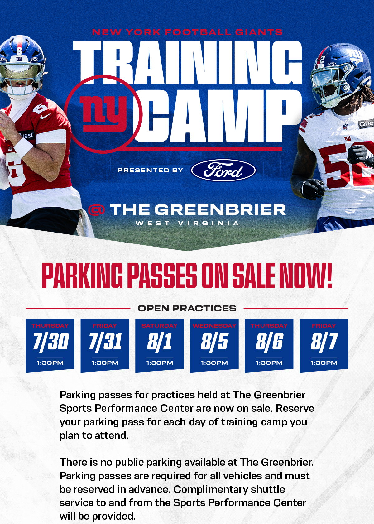 Giants Training Camp Parking Passes On Sale Now