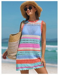 Colorful Crochet Stripe Open-Back Cover-Up Dress