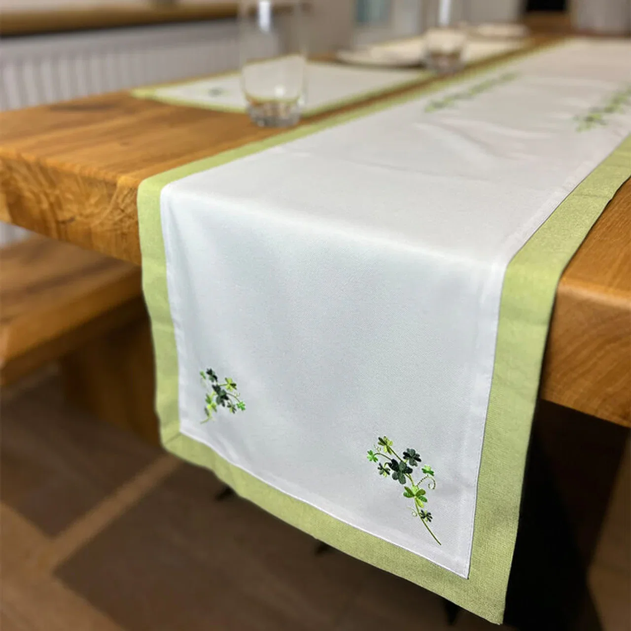Image of Irish Linen Embroidered Shamrock Table Runner 14