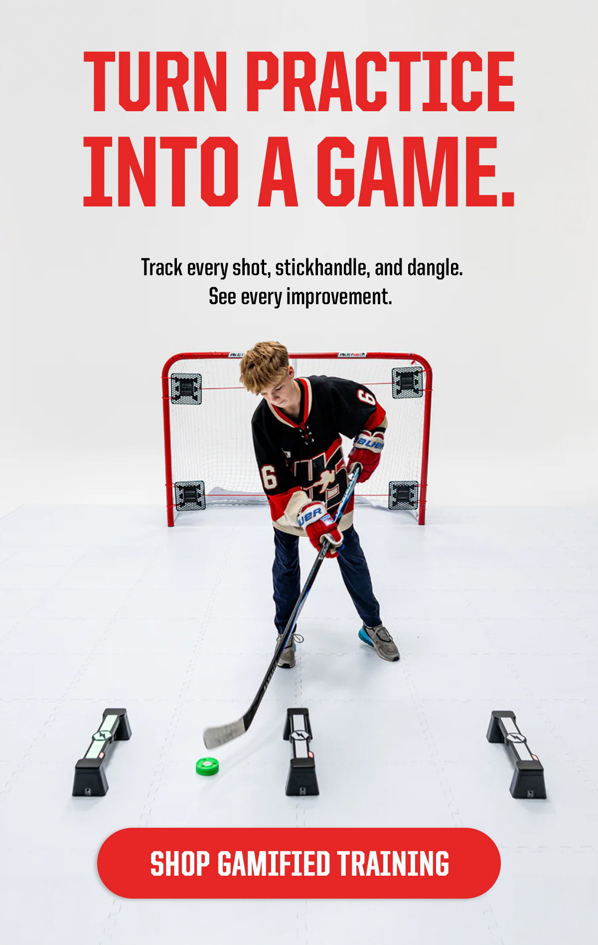 Headline: Turn Practice Into a Game. Subheader: Track every shot, stickhandle, and dangle. See every improvement. CTA: Shop Gamified Training