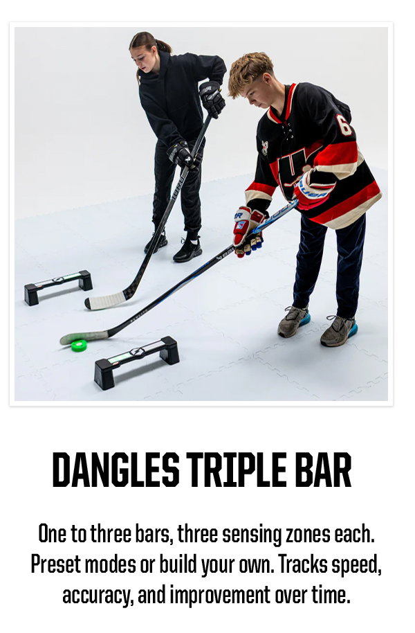 Product Block 2: Dangles Triple Bar. One to three bars, three sensing zones each. Preset modes or build your own. Tracks speed, accuracy, and improvement over time.