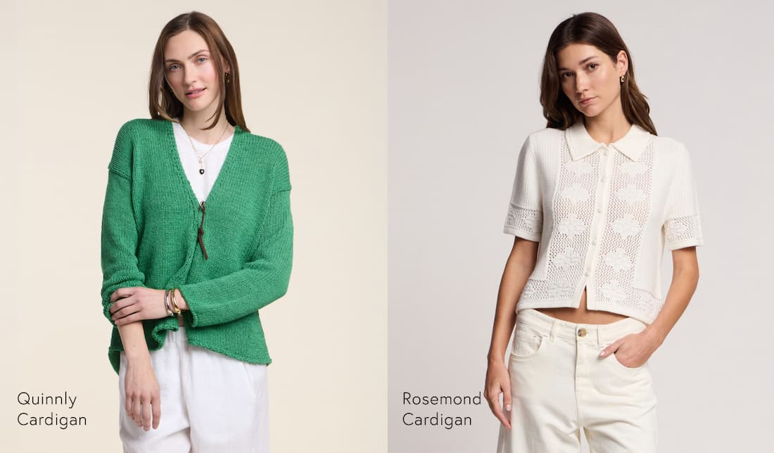 Image shows a model wearing the Quinnly Top in Palm. Image shows a model wearing the Rosemond Top in Milk.