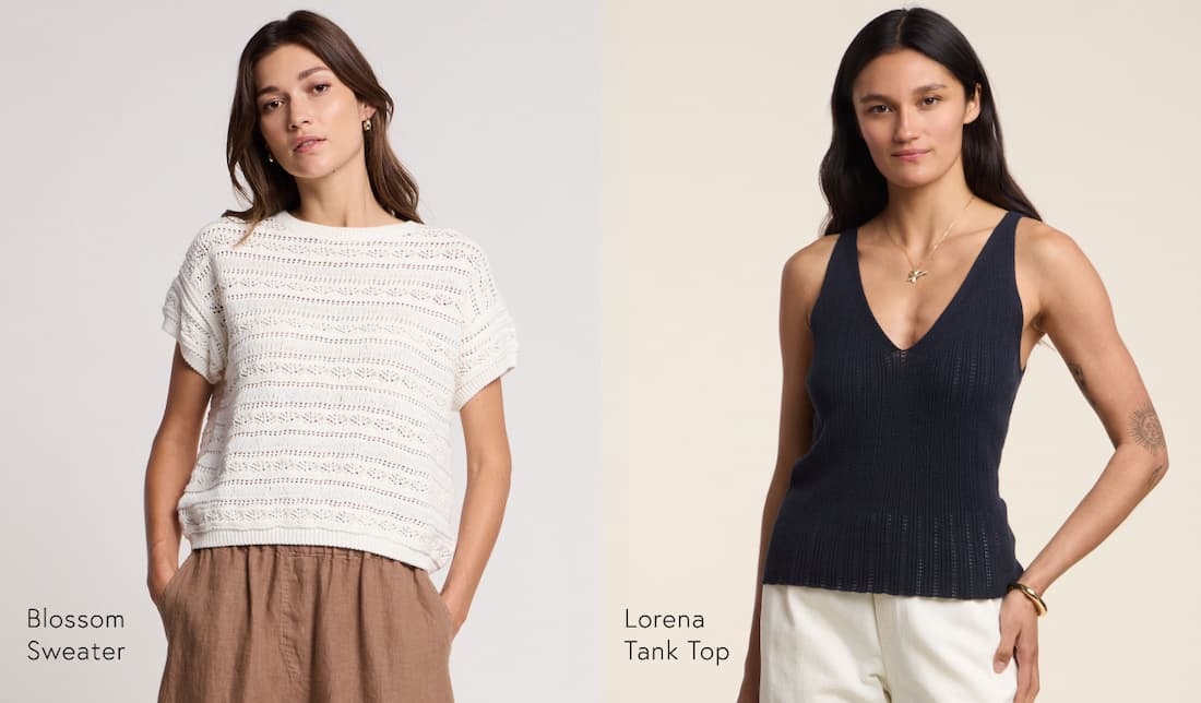 Image shows a model wearing the Blossom Top in White. Image shows a model wearing the Lorena Top in Navy.