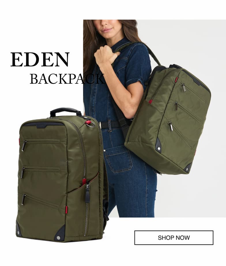 Model wearing the Hammitt Eden Backpack in olive green Italian nylon with a front product view.