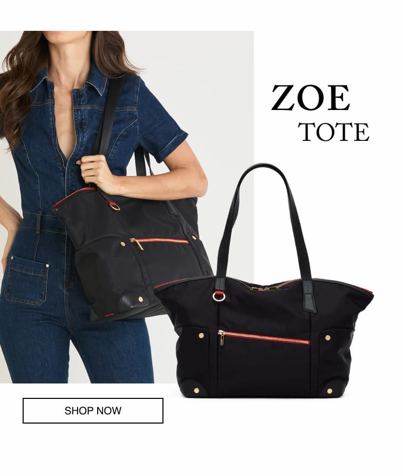 Model carrying the Hammitt Zoe Tote in black Italian nylon with a front product view.