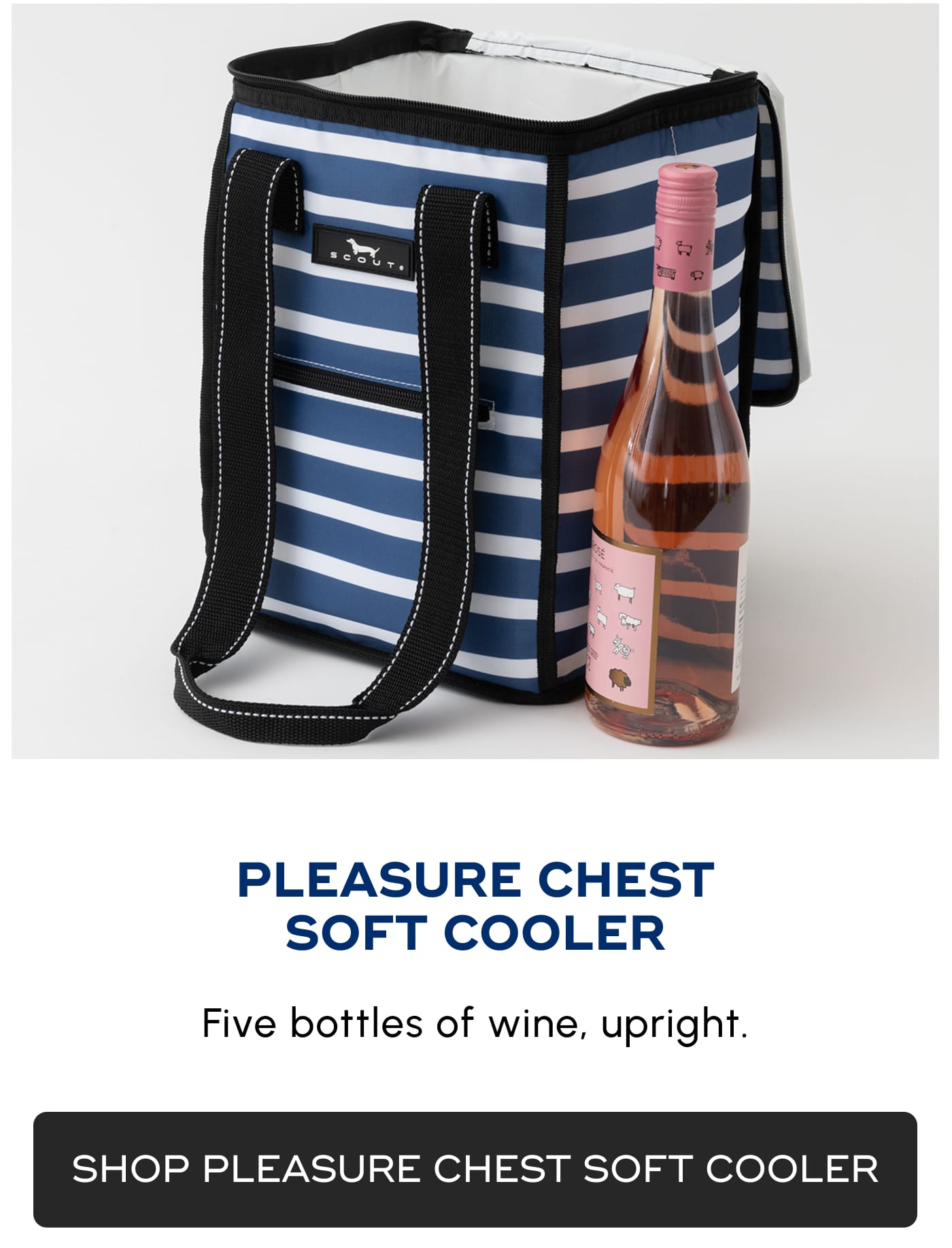SCOUT. PLEASURE CHEST SOFT COOLER. Five bottles of wine, upright. SHOP PLEASURE CHEST SOFT COOLER