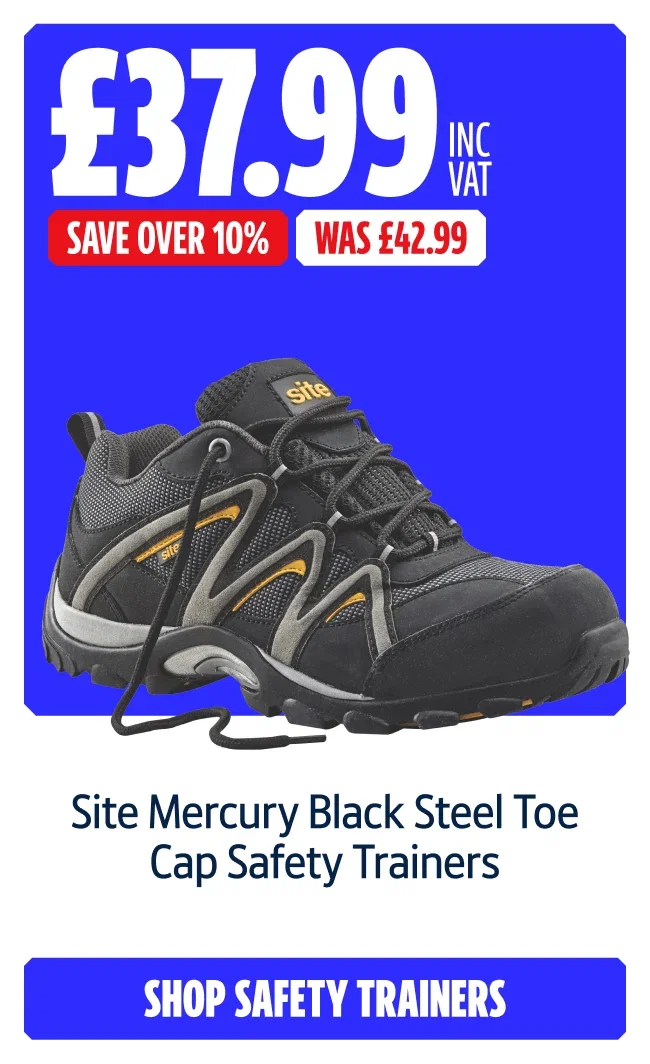 Save Over 10% on Site Mercury Black Steel Toe Cap Safety Trainers. Now £37.99 inc VAT Was £42.99. Shop Safety Trainers.