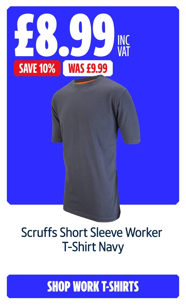 Save 10% on Scruffs Short Sleeve Worker T-Shirt Navy. Now £8.99 inc VAT Was £9.99. Shop Work T-Shirts.