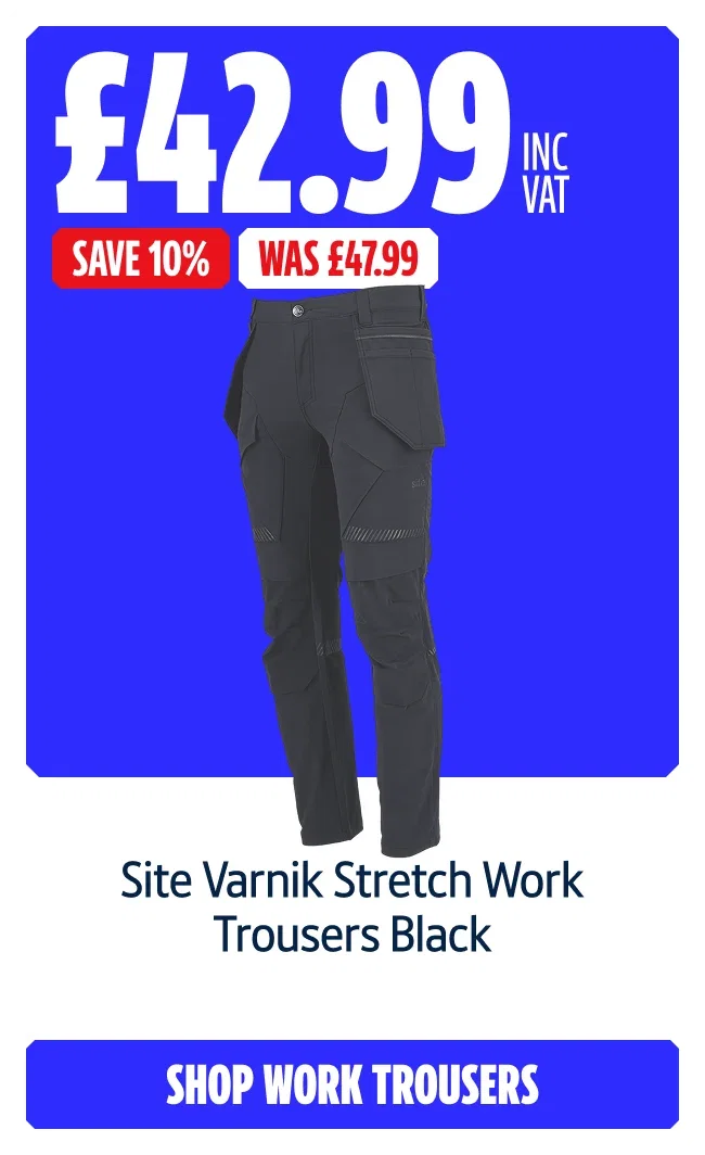 Save 10% on Site Varnik Stretch Work Trousers Black. Now £42.99 inc VAT Was £47.99. Shop Work Trousers.