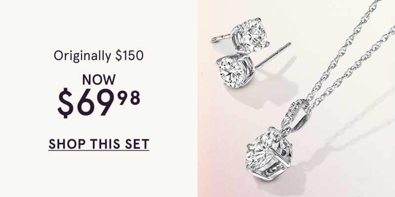Pair of round solitaire studs & matching pendant link with diamond.  Orig: $150. Now: 69.98. Click here to shop this set