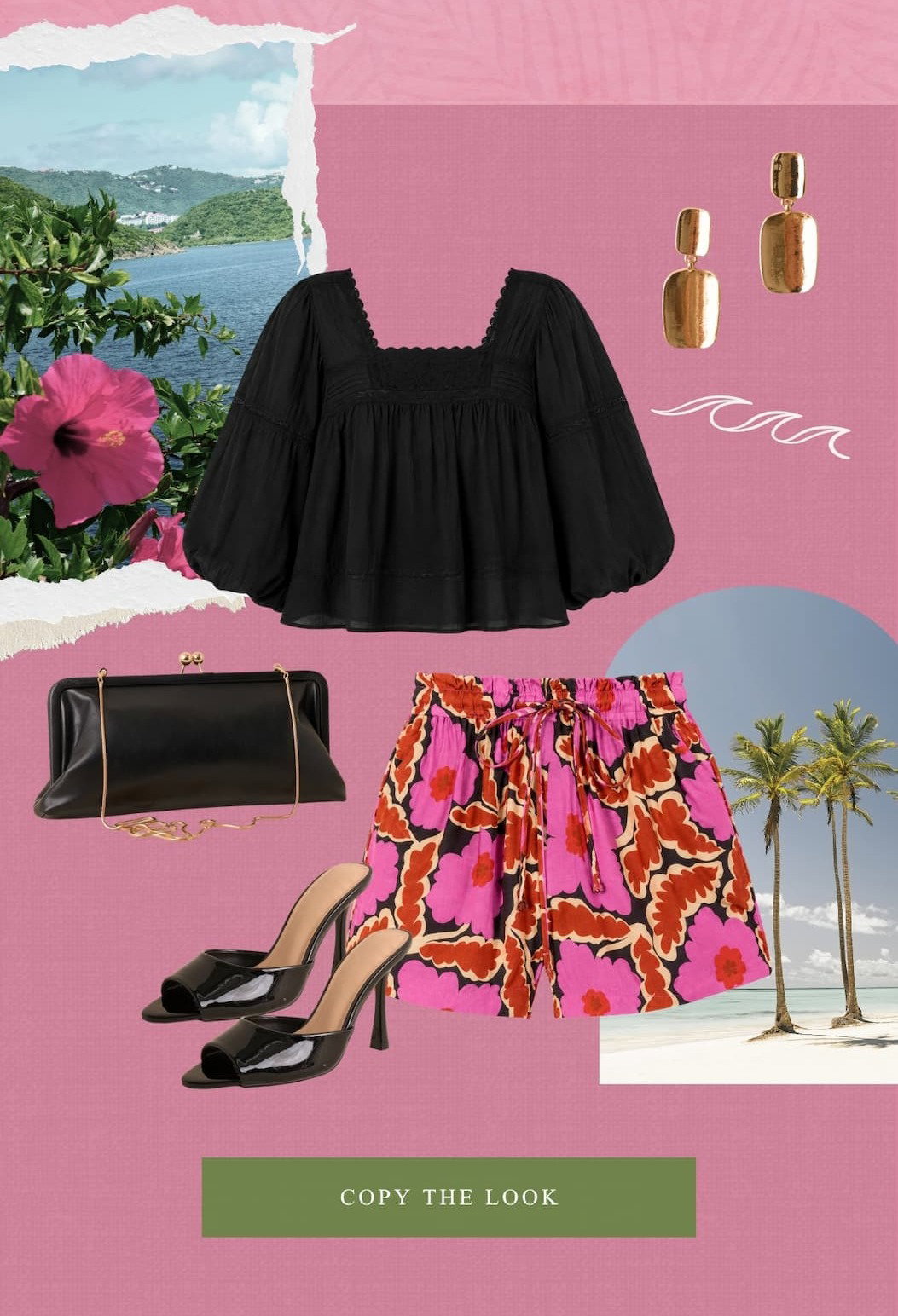Image of a black blouse with bright tropical print shorts. Copy the Look.