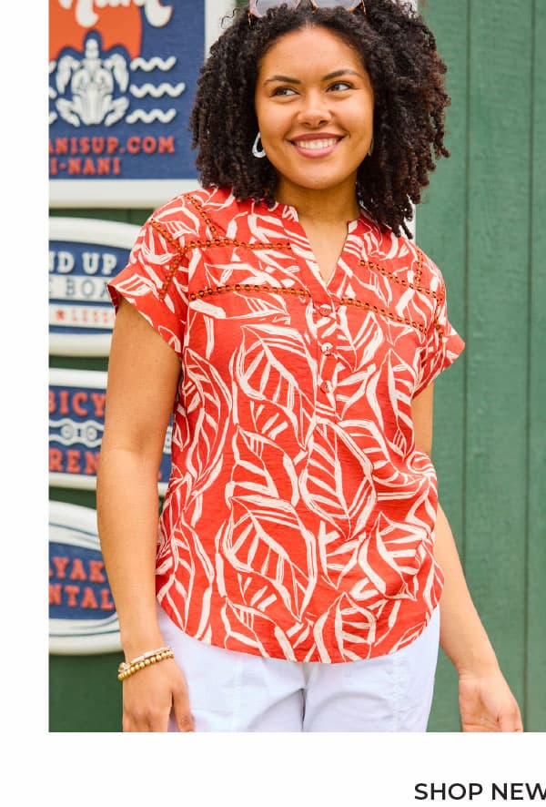 Painted Leaf Print Ladder Lace Detail Top