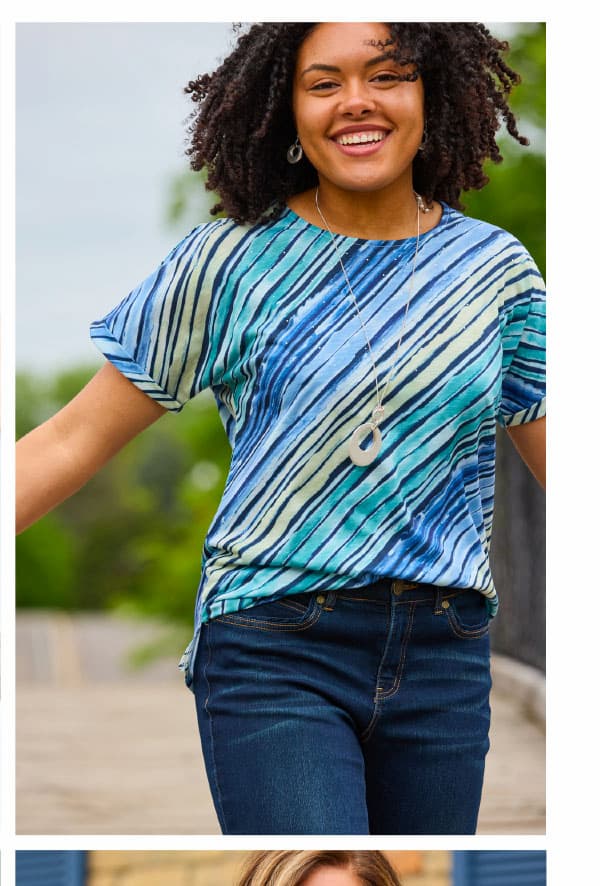 Navy Blazer Embellished Watercolor Stripe Short Sleeve Tee