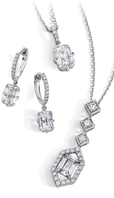 A collection of two necklaces and two earrings, all with round and square cut diamonds.
