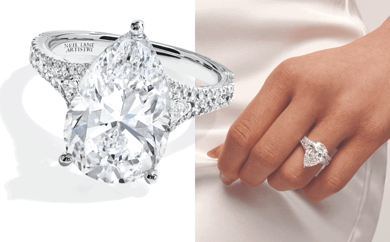 A ring with a pear shaped diamond next to a model wearing the ring.