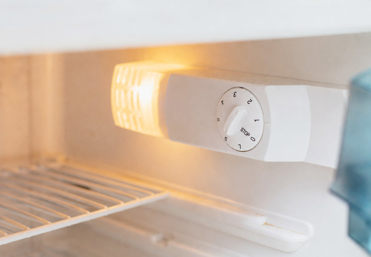 Refrigerator temperature control dial inside an empty fridge