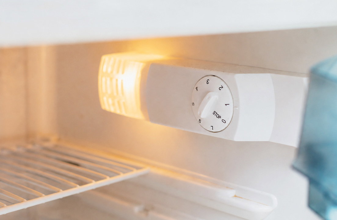 Refrigerator temperature control dial inside an empty fridge
